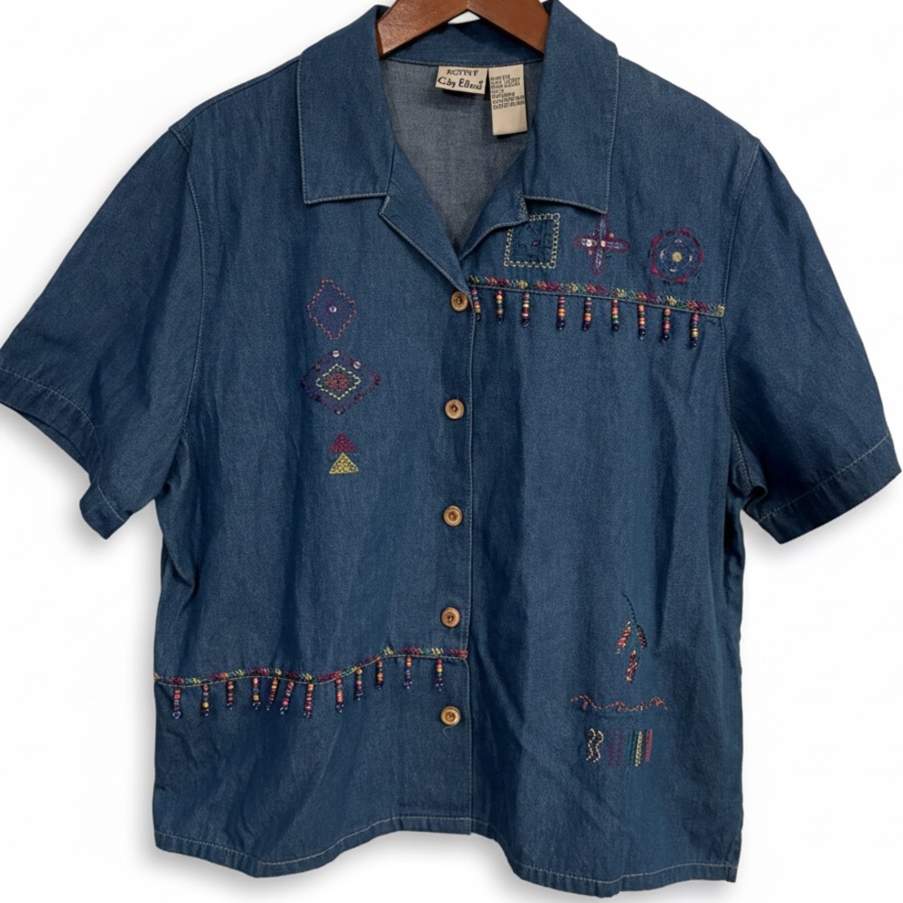 🔴 Koret City Blues Vintage 90s Embroidered Beaded Denim Shirt Art to Wear Large - Picture 2 of 10
